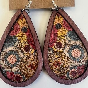 Floral Teardrop Wooden Earrings